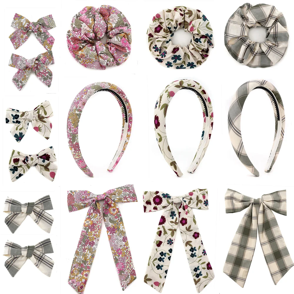 Floral checkered pattern Girls Headband Fashion Hairband Colorful Elegant  Hairbow  Hair Accessories Elegant Headband bow clip