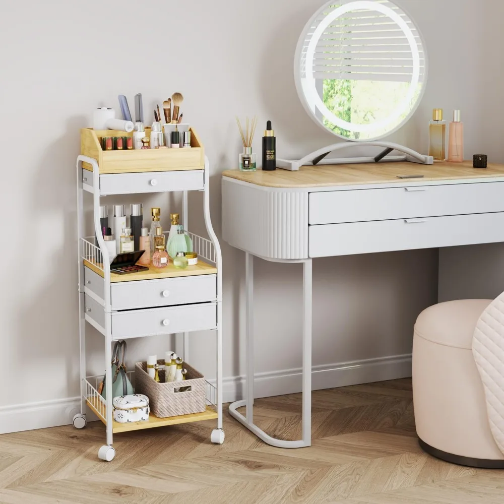 Floor Makeup Organizer with Drawers and Wheels - Skincare Vanity Storage for Cosmetics, Brushes, Perfume