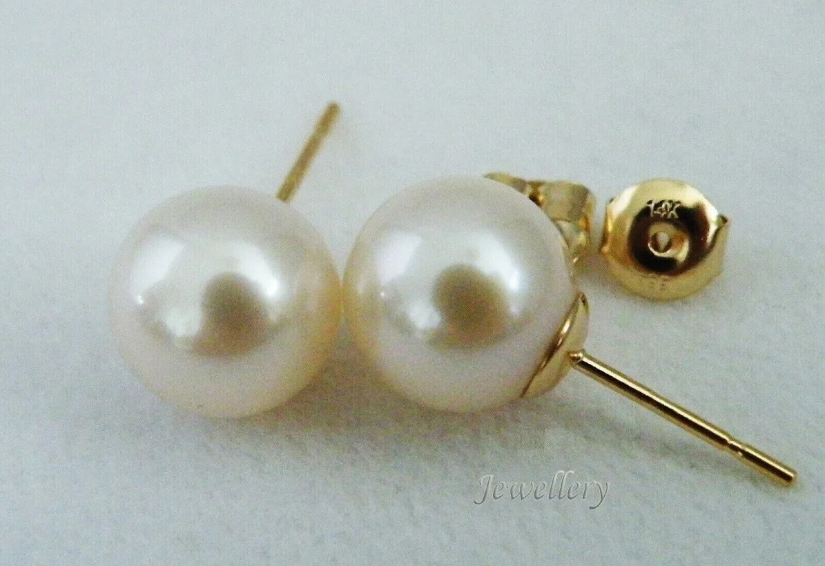 Perfect Round 10-11mm AAA+True White AKOYA Pearl Earrings 14K Gold-