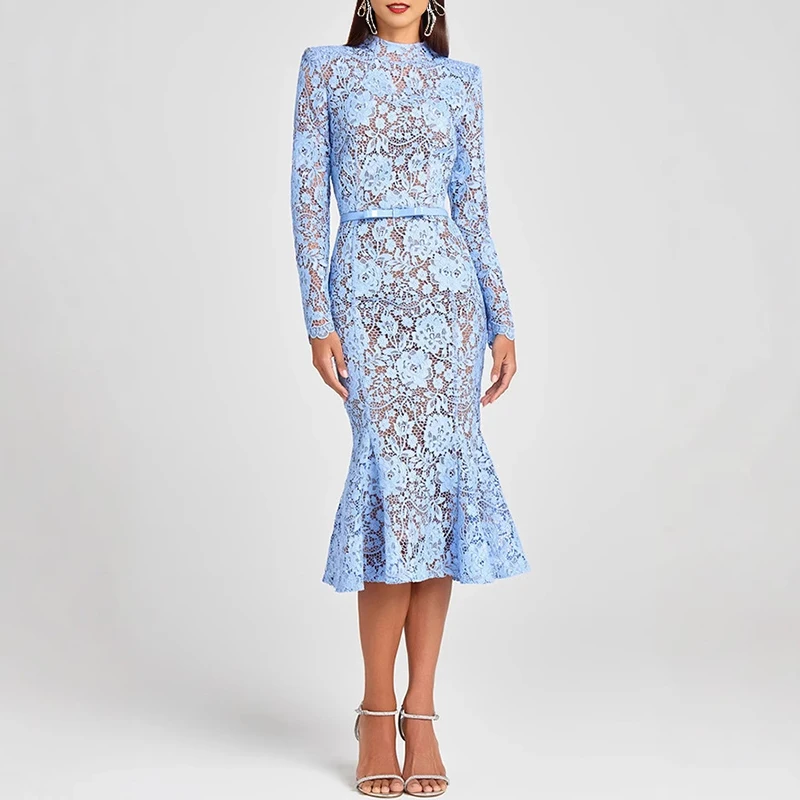 Sexy Durchsichtiges Jacquard-Abschlussball-Fischschwanz-langes Kleid, elegante Stickerei, Spitze, Damenkleid, gehäkelt, hohl, figurbetonte Kleider mit hoher Taille