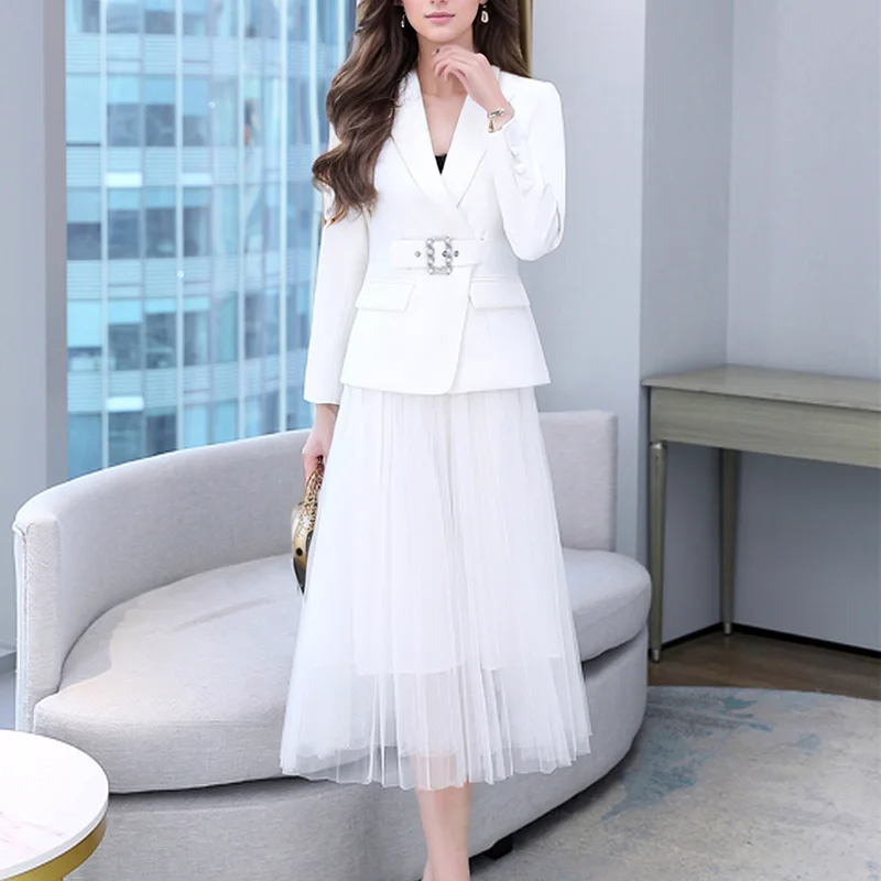 ZJYT Office Lady Blazer Suits Mesh Skirts Two Piece Dress Sets for Women Elegant Outfit Spring Fashion Conjuntos De Vestidos