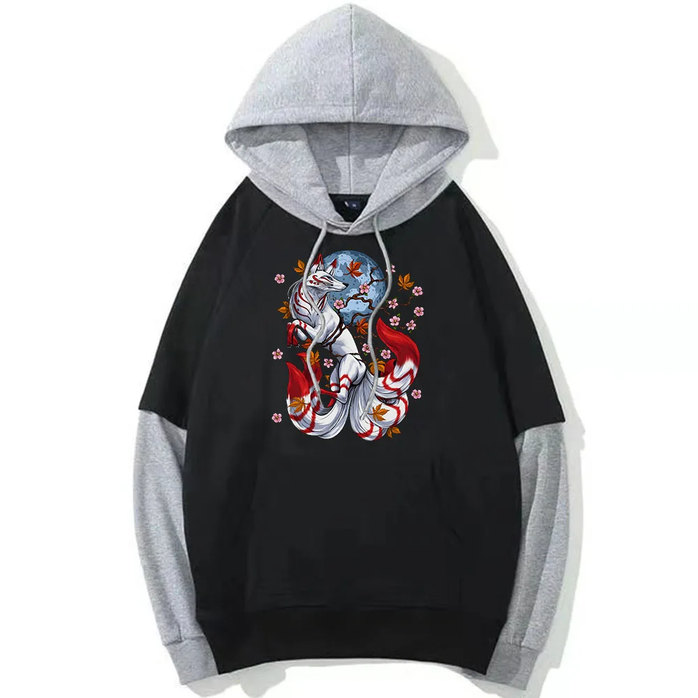 Kitsune Fox Mask Hoodie Men/Women Patchwork Sweatshirt Anime Graphic Hoody Japanese Style Pullovers Manga Printing Clothing