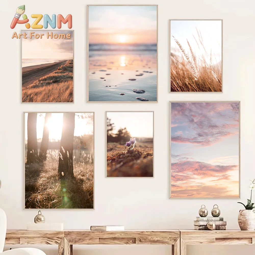 Sunset Grass Reed Poster Art Painting Nature Landscape Canvas Wall Art Print Nordic Posters And Prints Picture Living Room De