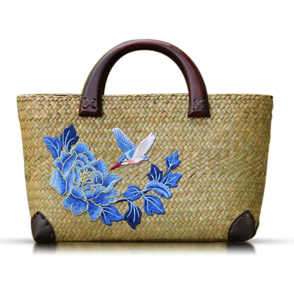 

Beach Bag for Women, Straw Bag, Embroidered Handbag, Boho Handmade Rattan Bag, Square Wooden Handle