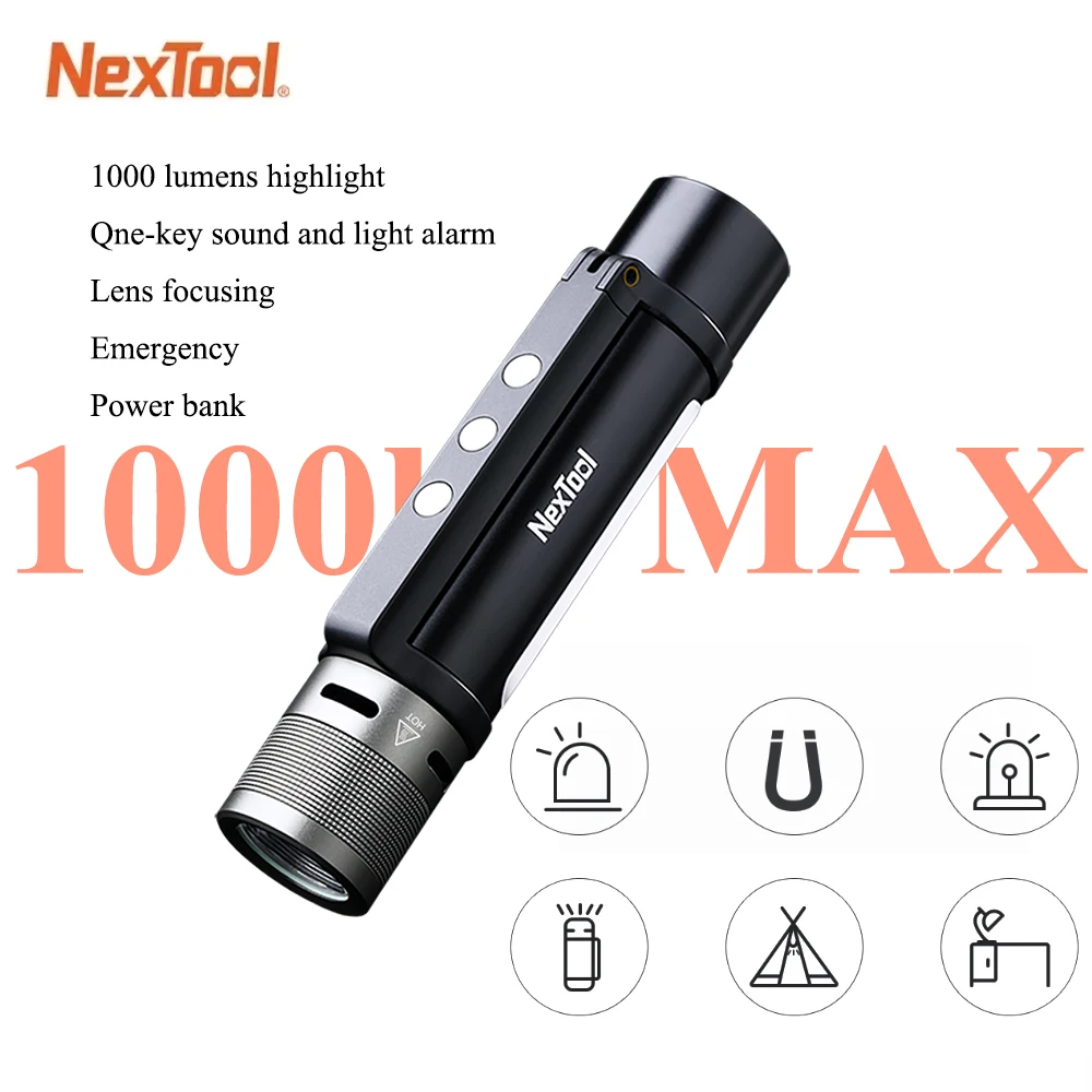 Nextool Outdoor 6 in 1 Zoom Flashlight Multifunction Portable Sound Light Alarm 1000lm Waterproof 2600mAh LED Flashlight