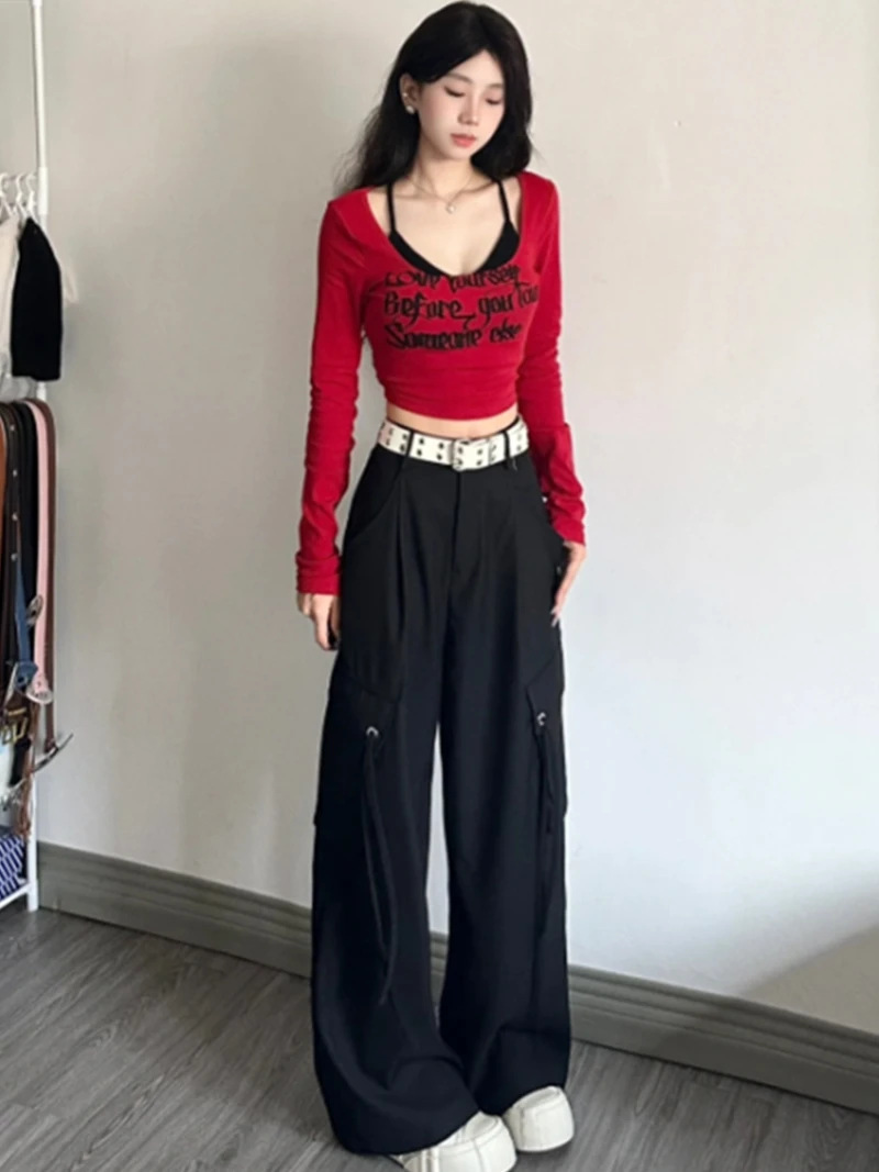Pure Desire Floral Print T-Shirt Women\'s Set Spring Autumn New Style Spicy Girl Clothing Strap Design Belly Baring Short Top