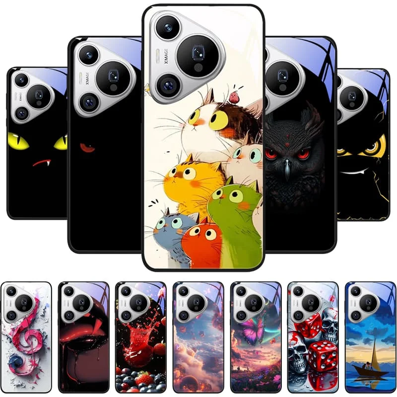 حافظة لهاتف هواوي بورا 70 برو حافظة من الزجاج المقسى على شكل قطة لطيفة لهاتف هواوي بورا 70 برو + بورا 70 الترا برو بلس قذائف سوداء صلبة ممتصة للصدمات #1