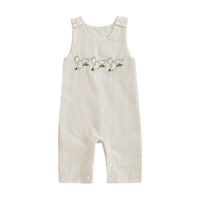 

Baby Button Straps Overalls Plaid Duck Embroidered Sleeveless Jumpsuit for Boy Girl