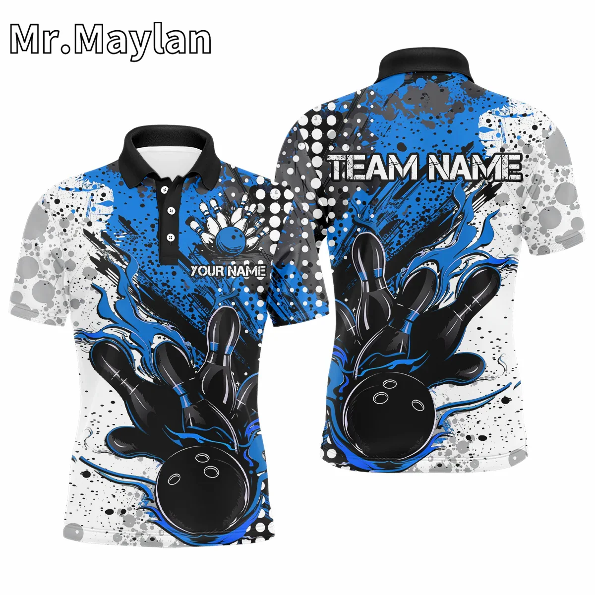 3D Blue And Black Flame Bowling Team Shirts Strike Bowling Short Sleeve Polo Shirts For Men Gift for Bowling Lovers Unisex Tops