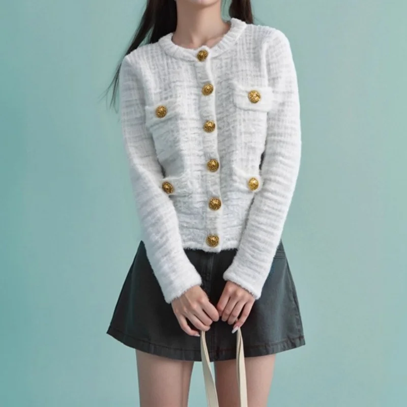 

Autumn new women's round neck single breasted bright silk knitted cardigan y2k high-quality fashionable retro commuting jacket