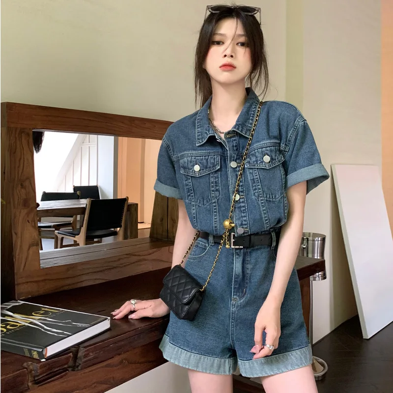 Summer New Style Workwear Denim Jumpsuit Shorts for Women with A Cinched Waist for Slimming Effect Rolled Edge Wide Leg Pants