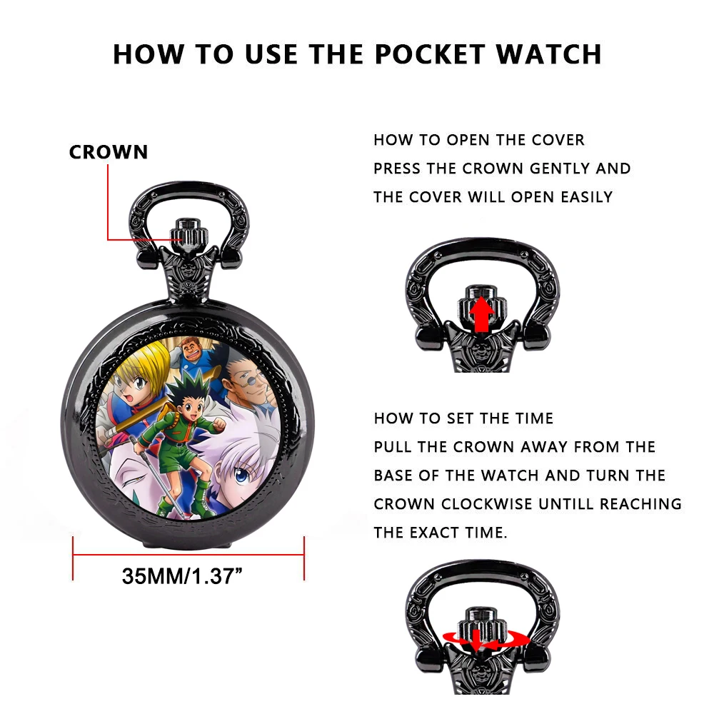 Anime Hunter × Hunter Orologio da tasca al quarzo nero con cupola in vetro con quadrante con numeri arabi e catena resistente, regalo retrò per uomini e donne