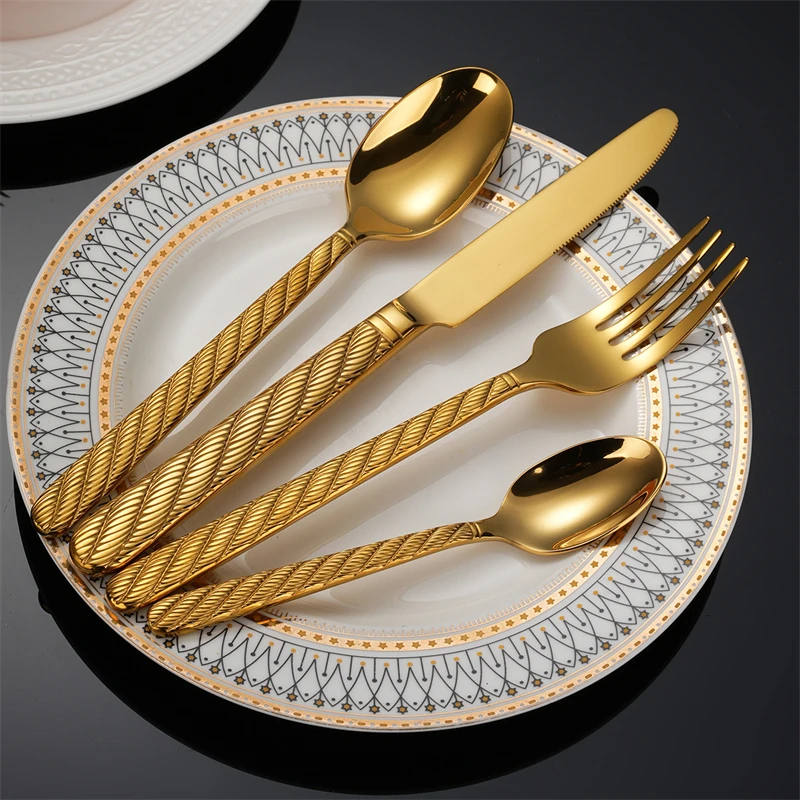 High Quality Cutlery Set Handle Exquisite Carving Stainless Steel Golden Tableware Knife Fork Spoon Flatware Set Silverware Set