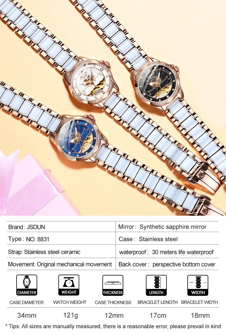 JSDUN High Quality Automatic Mechanical Ladies Watch Original Ceramic Waterproof Lady Wrist Watch Elegant Fashion Women Watches