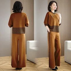 Middle-aged mother Fashion Suit Spring Autumn New Loose Plaid Patchwork Top+Wide leg pants Two-piece Women's Clothing Sets E4377