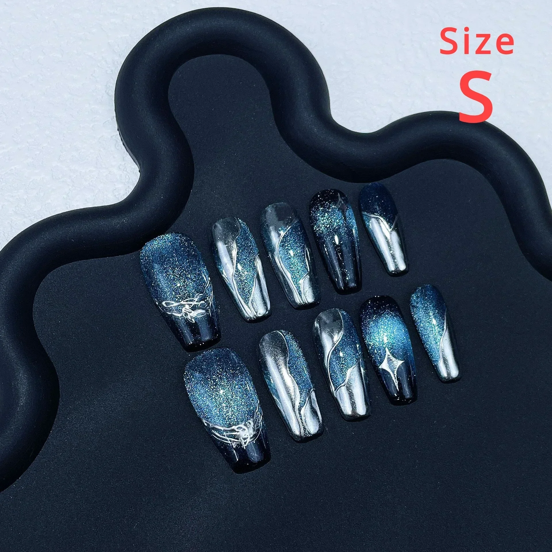 Stella cadente di piccole dimensioni Cat Eye Blue Ocean Press on Nails disegni metallici unghie finte con colla unghie finte acriliche dipinte a mano