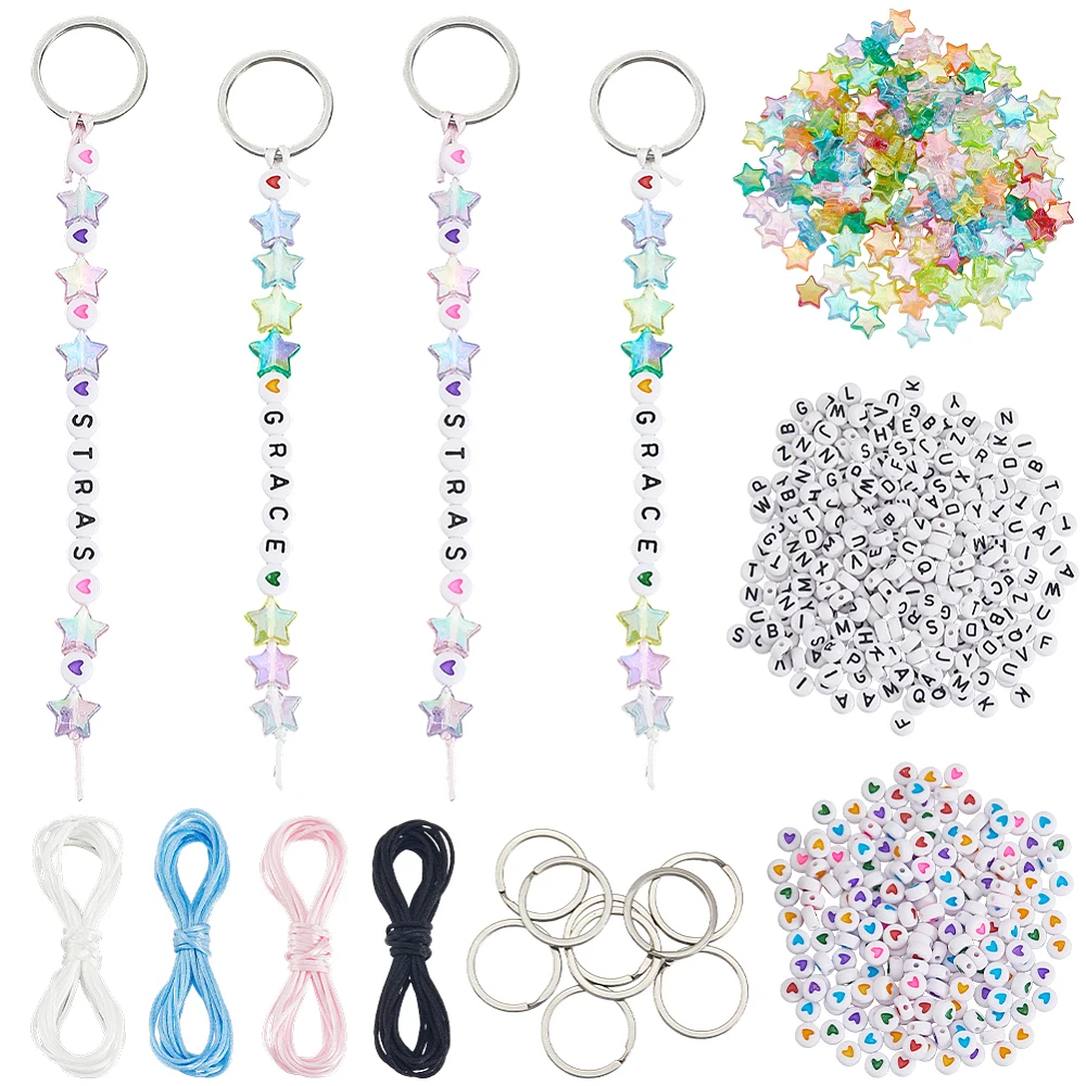Kit de 700 piezas para hacer llaveros con letras del alfabeto, con hilo de nylon de 12 m, estrellas y corazones acrílicos planos, palabras personalizadas y anillas de acero.