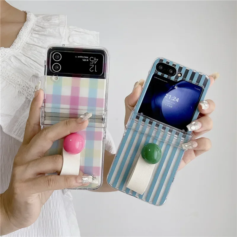 Blue Pink Stripe Plaid Phone Case for Samsung Galaxy Z Flip 6 5 4 3 Protective Back Cover for ZFlip4 ZFlip5 ZFlip6 Case Shell