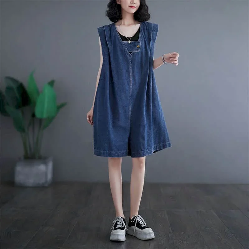 

Denim Jumpsuits Loose Casual Blue Shorts Five-point Pants Korean Fashion Sleeveless Playsuits One Piece Outfits Women Clothing