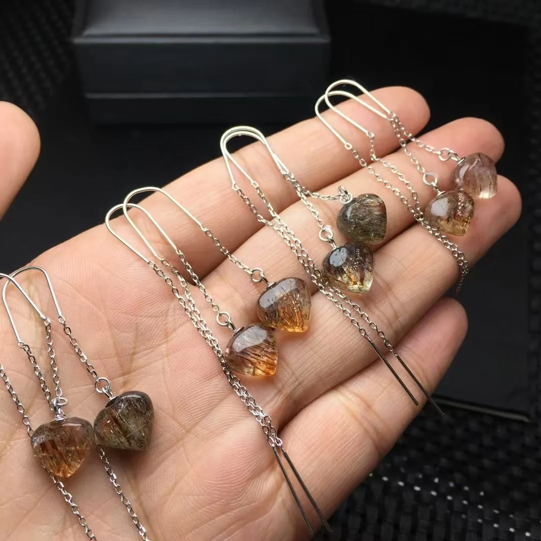 1 Pair Fengbaowu Natural Black Gold Rutilated Quartz Heart Earring 925 Sterling Silver Reiki Healing Stone Jewelry Gift Women