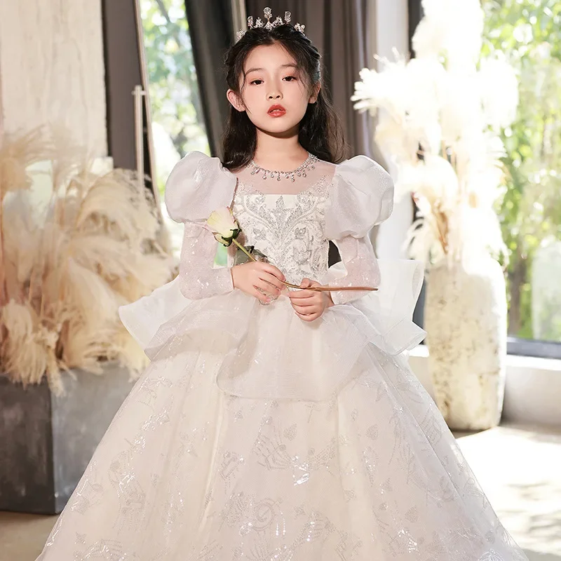 Sequins Girls Dress for Party Wedding White Long Sleeve Dress Formal Children Retro Princess Pageant Gown Kids Dresses for Girls