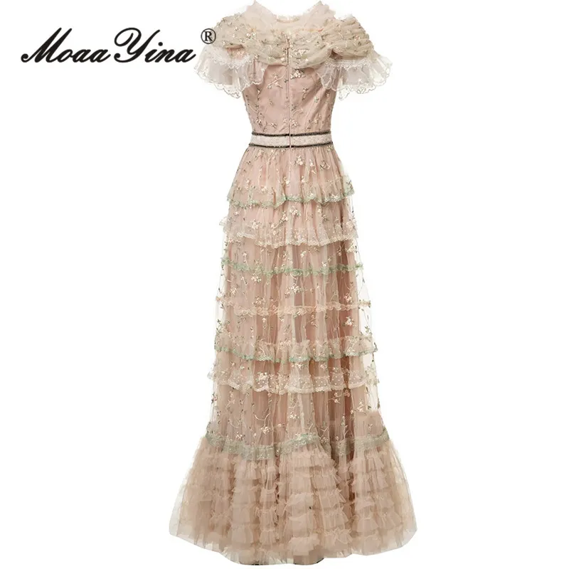 MoaaYina malha bordada meia manga em camadas babado borda de renda manga curta vestido de festa S-4XL 2025 primavera/verão