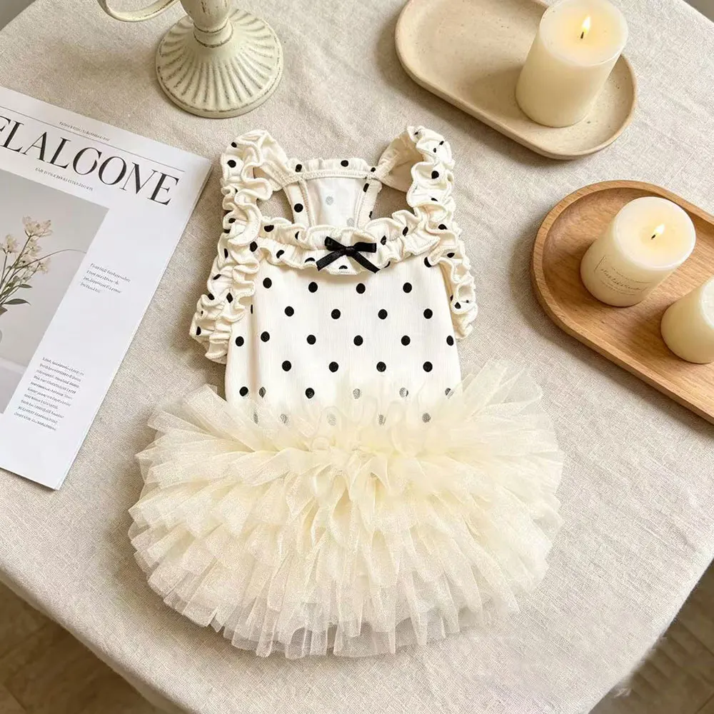 lightweight Thin Pet Dog Summer Dress Polka Dot Ruffle Sling Tulle Tutu Skirt Breathable Puppy Clothes For Daily Walking Wear