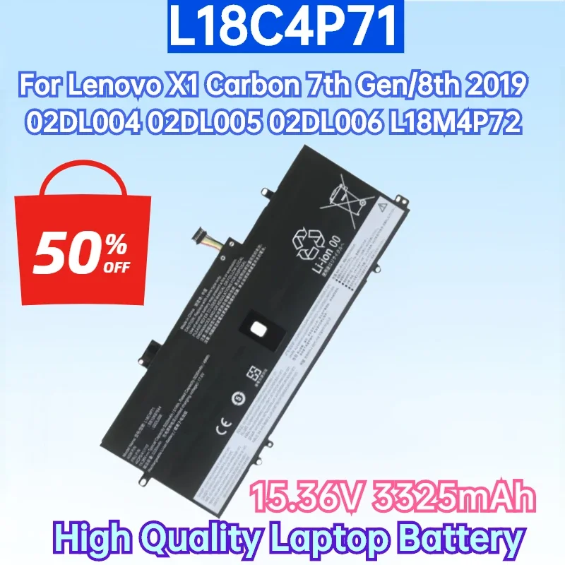Newest L18C4P71 15.36V 51Wh 3325mAh Battery for Lenovo X1 Carbon 7th Gen/8th 2019 02DL004 02DL005 High Quality Laptop Battery