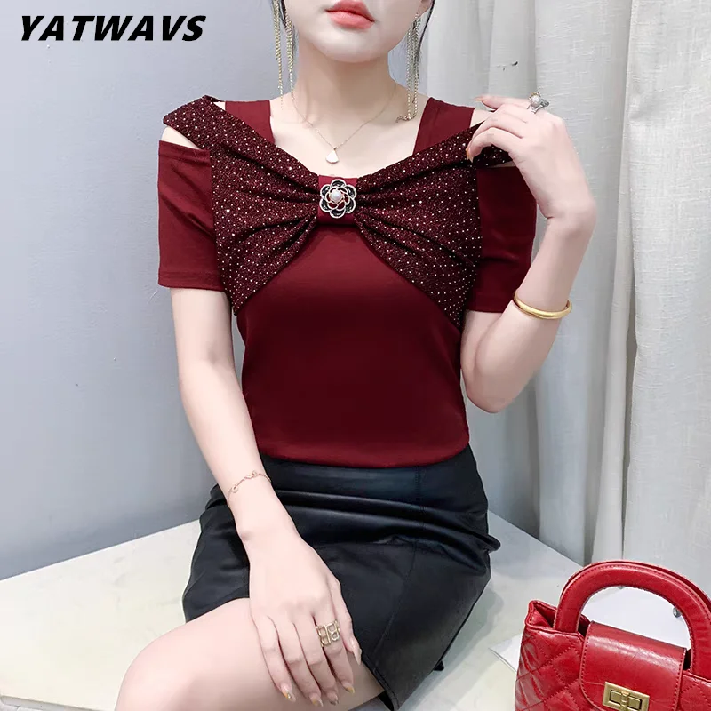 

High-End Summer Fashion Square Neck 3D Floral Beading Design T-Shirt Women's Sexy Off Shoulder Tops Slim Cotton Female Tees