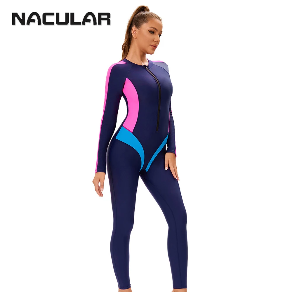 Nauular esporte maiô mangas compridas retalhos uma peça surf plus size novo acolchoado beach wear rash guards feminino mergulho 2025