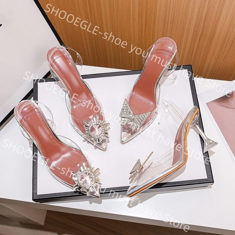 

Women's PVC Rhinestone Pointed-Toe Mule Sandals Sunburst Rhinestone Design Stiletto Heel Slip-On Luxurious Ladies Wedding Shoes