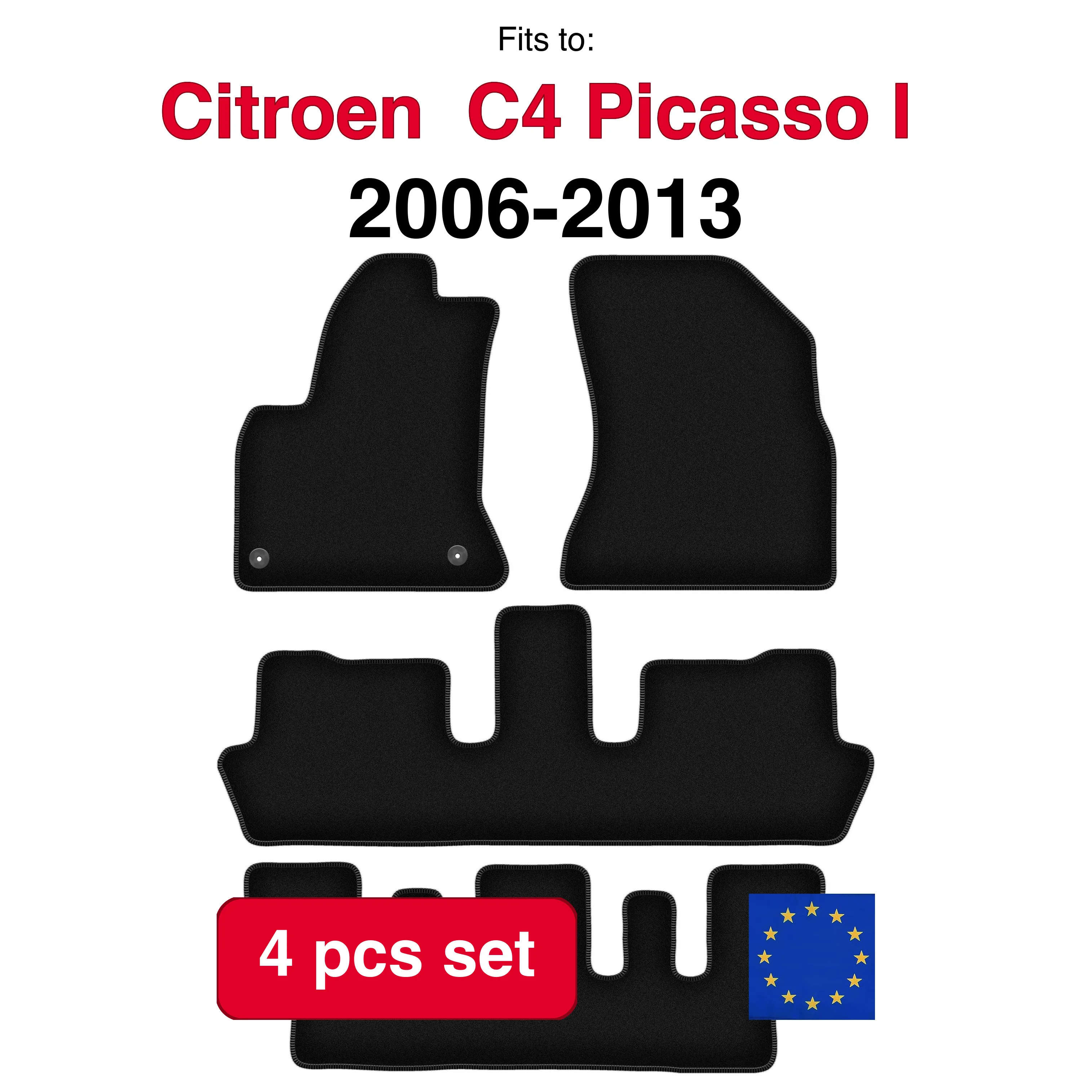 Jeu de tapis en velours pour citroën C4 Picasso I 7 personnes (2006-2013) -noir (4 pièces)