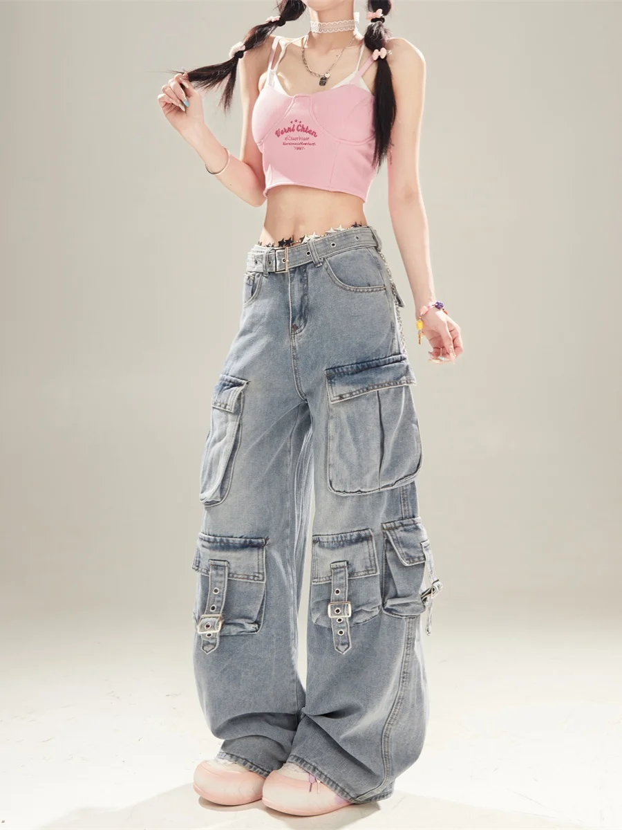 

American Sle Spicy Girl Heavy Du adient Multi ket Рабочие брюки Женские винтажные джинсы с талией Свободные широкие брюки