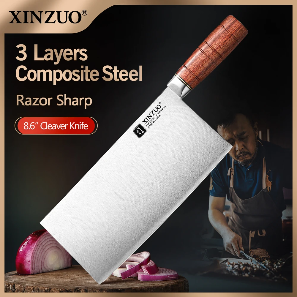 

XINZUO 8.6 inches Cleaver, High-End Design, Rustproof Composite Steel Red Wood Handle with Copper Rivet 58 - 60 HRC Core