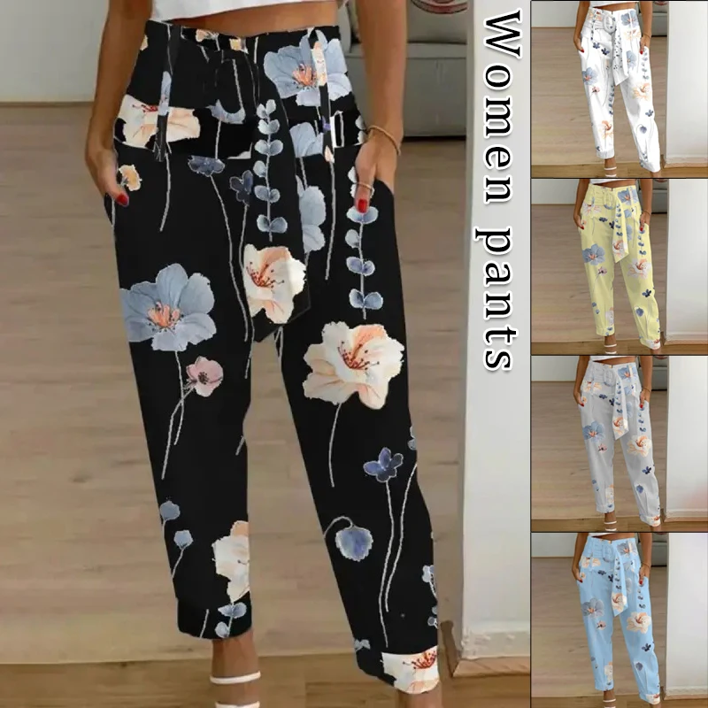 

Women Retro Floral Printed Pants Summer Casual Straight Zipper High Waist Crop Pants Imitation Cotton Linen Pants OL Trousers