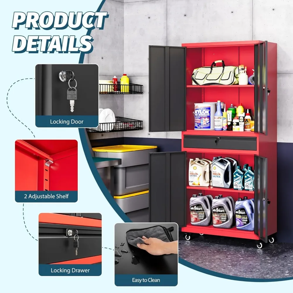 Czerwona metalowa szafka do przechowywania w garażu z kółkami, szufladą na kółkach i szafką z drzwiami do organizacji piwnicy