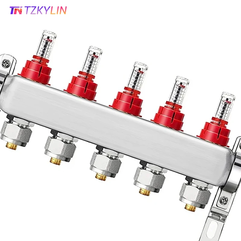 Kit collettore di riscaldamento a pavimento in acciaio inossidabile S304, con misuratore di portata e vite termostatica, filettatura del tubo principale G1".