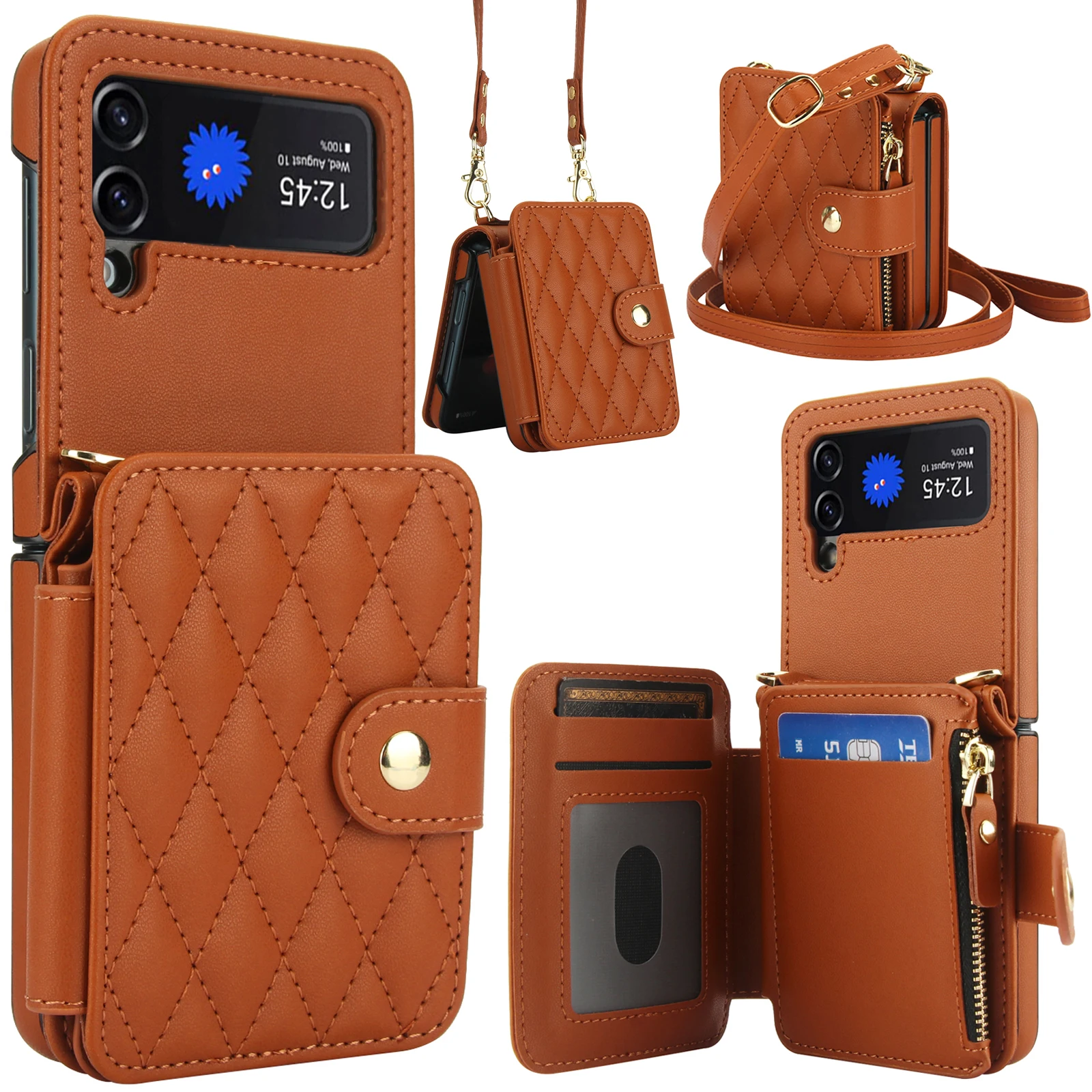

Crossbody Wrist Strap Wallet Card Holder Phone Case for Samsung Galaxy Z Flip 7 6 5 4 Flip6 Flip5 Flip4 Flip3 Leather Bag Cover