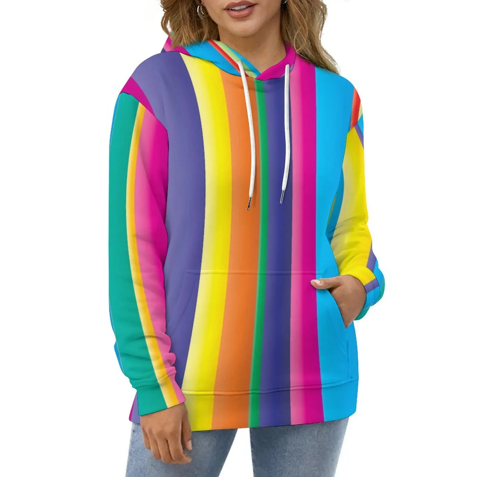 Striped Hoodies Long Sleeve Colorful Print Kawaii Casual Hoodie Autumn Hip Hop Oversized Pattern Loose Sweatshirts