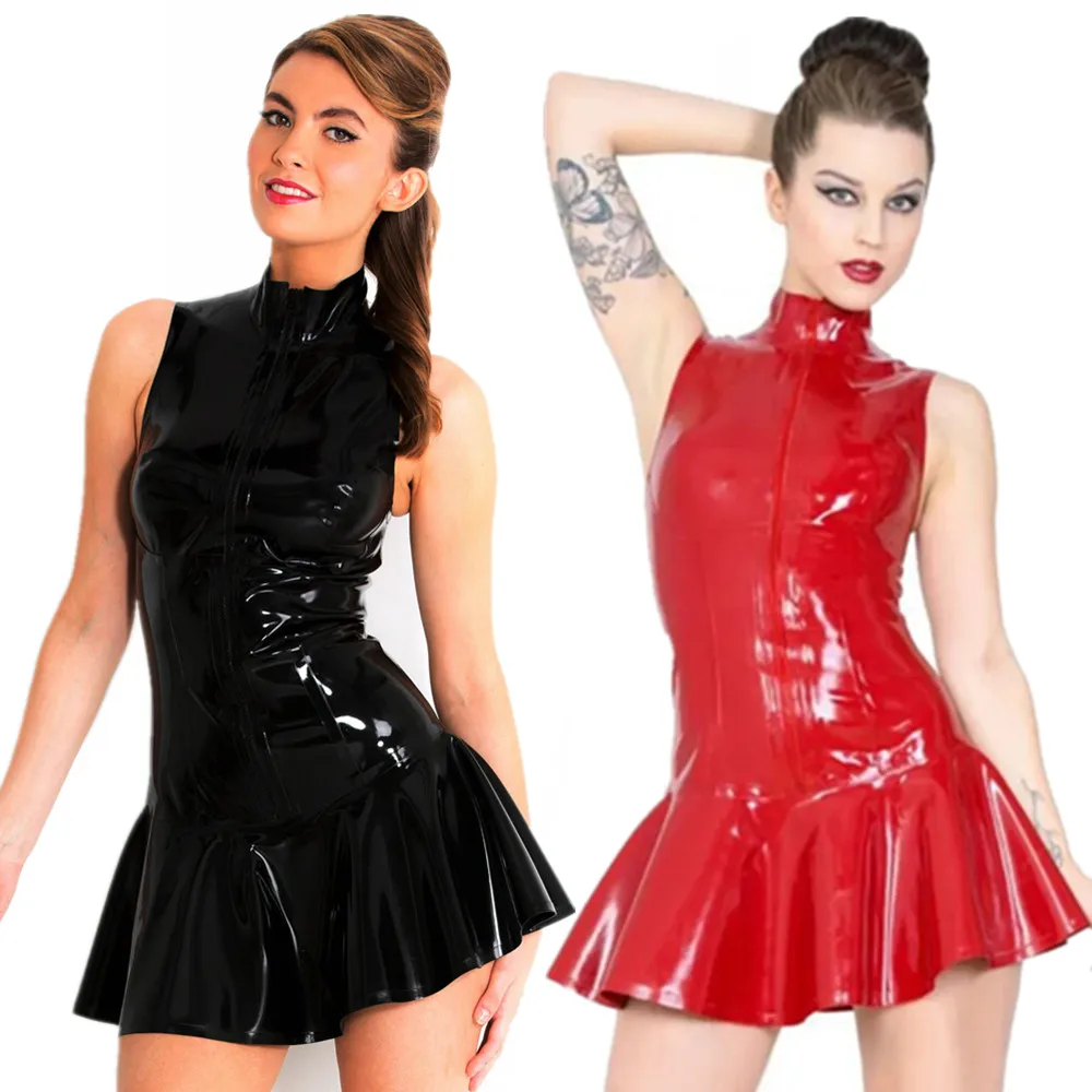 Dame Sexy Schwarz Kunstleder Kleid Glänzend Ärmellos Wet Look PVC Latex Kleid Frontreißverschluss Plissee Kleid Figurbetontes Clubwear Kostüm