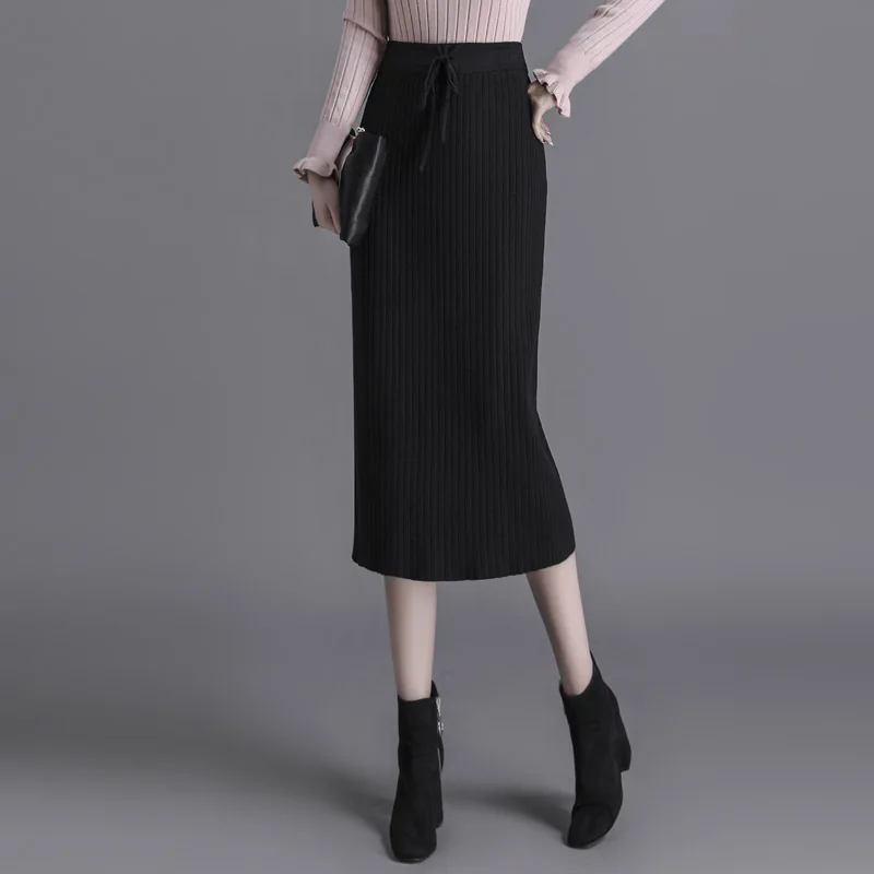 

Autumn Winter Knitted Wool Blend Long Pencil Skirt