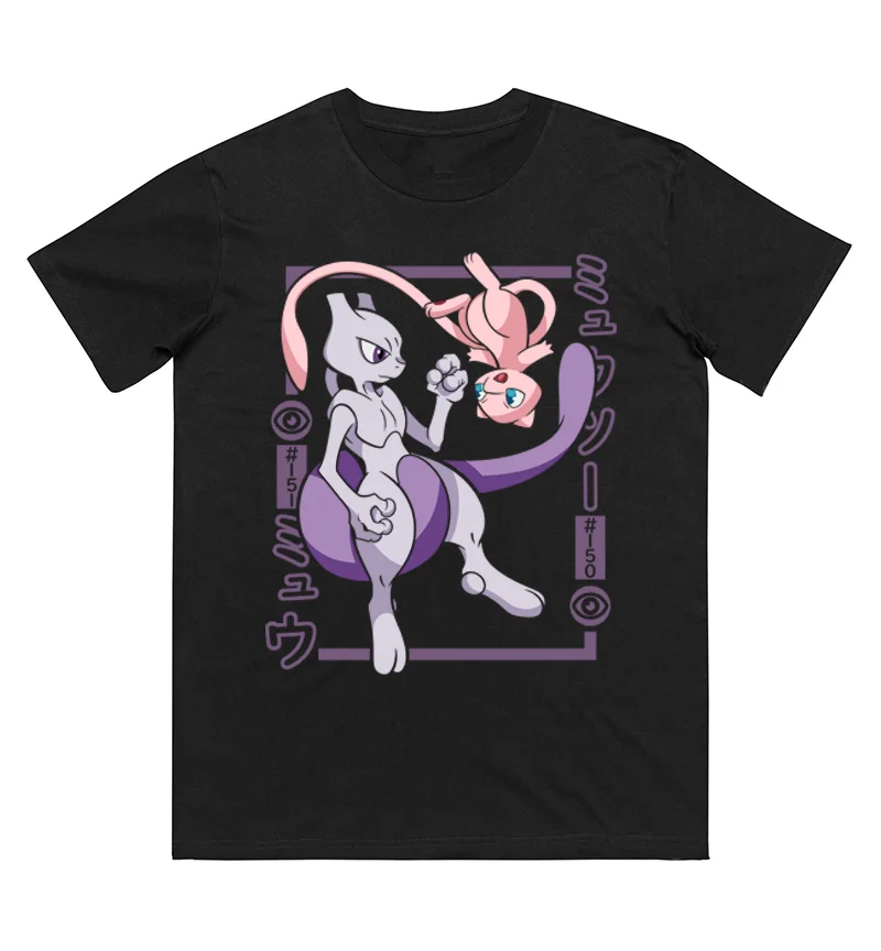 Pokémon Mewtwo Mew bedrucktes T-Shirt aus reiner Baumwolle für Damen und Herren, Frühling/Sommer, neue Kollektion, modisches Kurzarmshirt