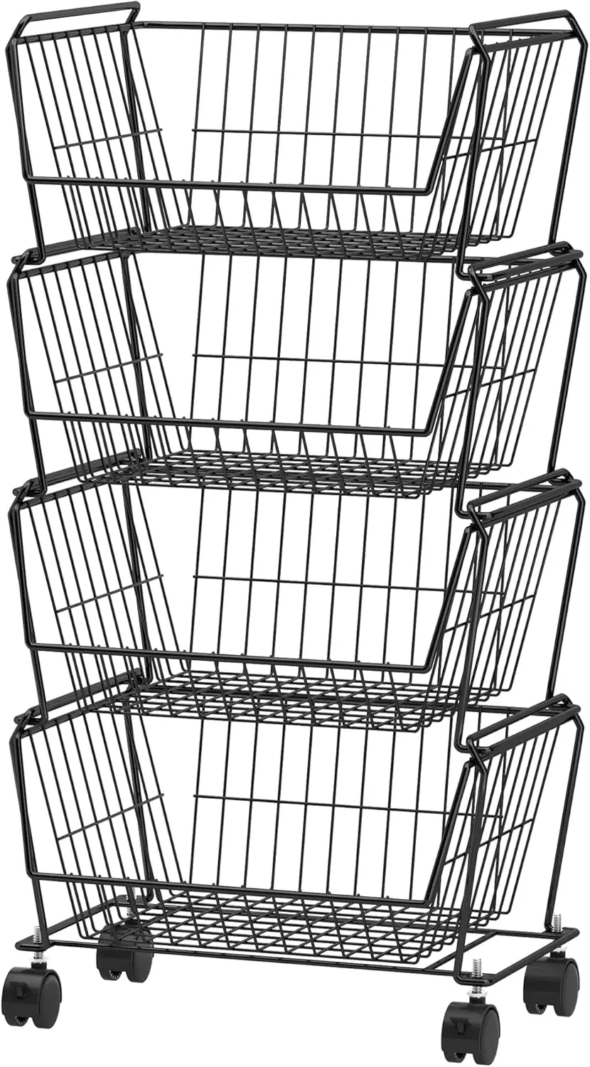

4-Tier Stackable Metal Storage Baskets, Anti-Rust Fruit Vegetable Rack, Kitchen Home Office Shelf Black