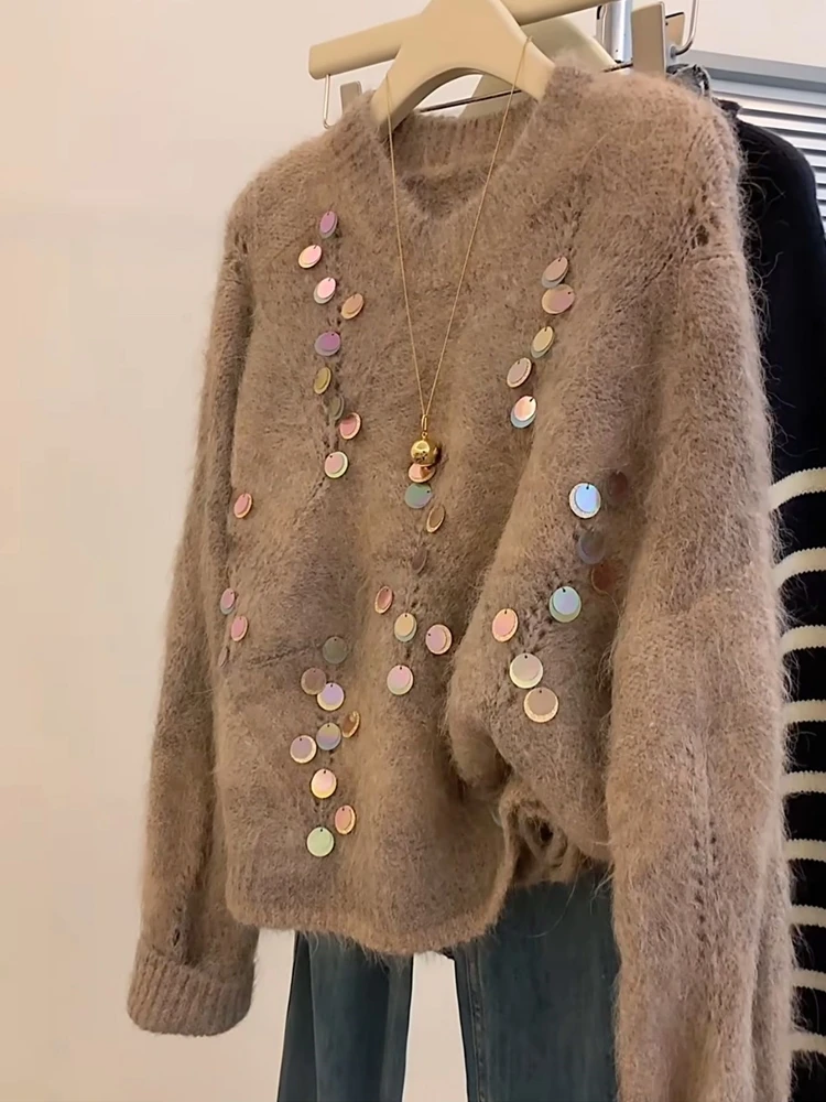 스팽글 여성 니트 스웨터 헤비 인더스트리 디자인 레이지 슬레 레트로 소프트 라운드 넥 스위트 슬레 겨울 2024