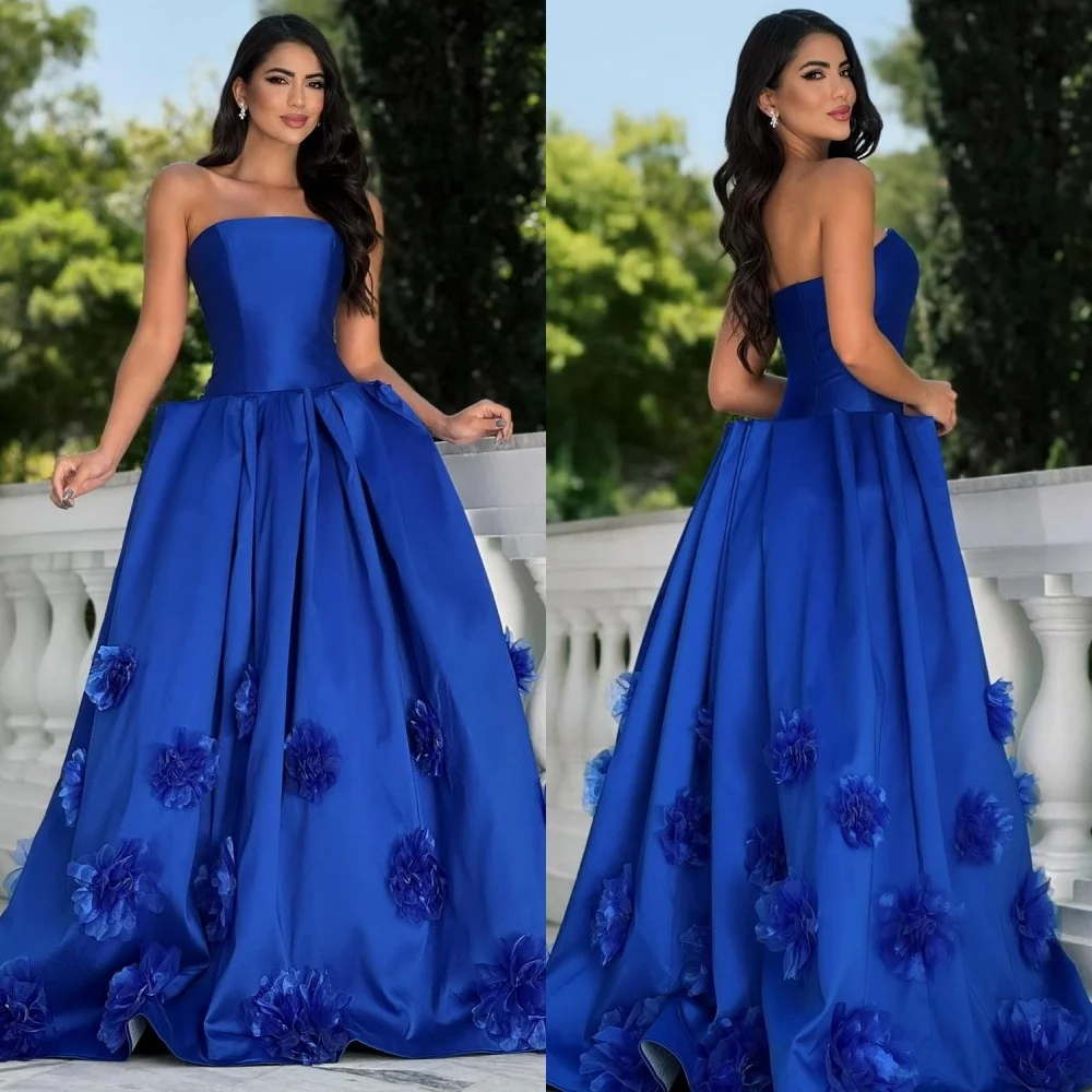 

Customized Modern Style Fashion Charmeuse Handmade Flower Pleat A-line Strapless Long Dresses Bespoke Occasion Dresses Formal