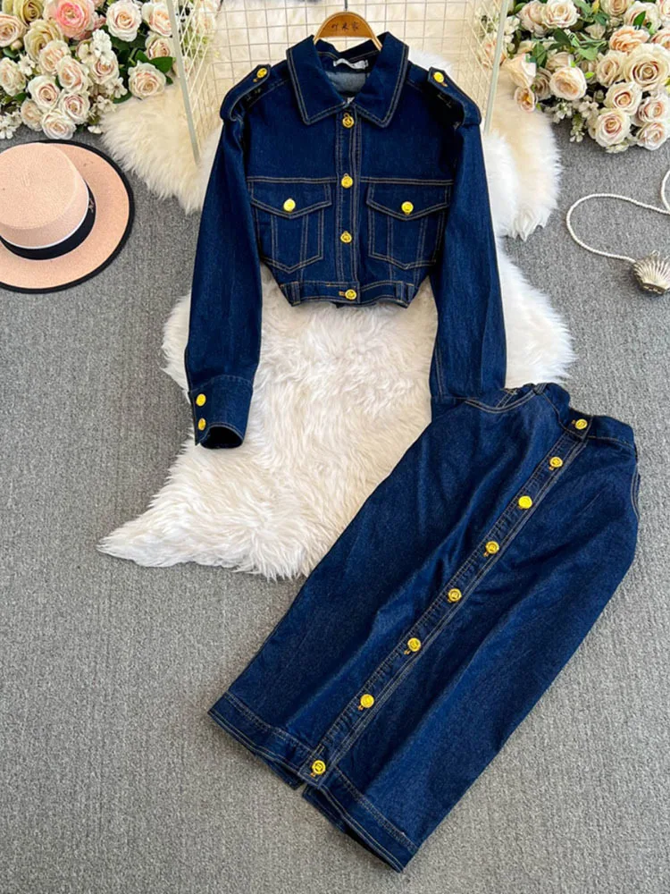 2024 fashion design sense single row gold buckle casual versatile trendy long sleeved denim jacket+high waisted skirt set