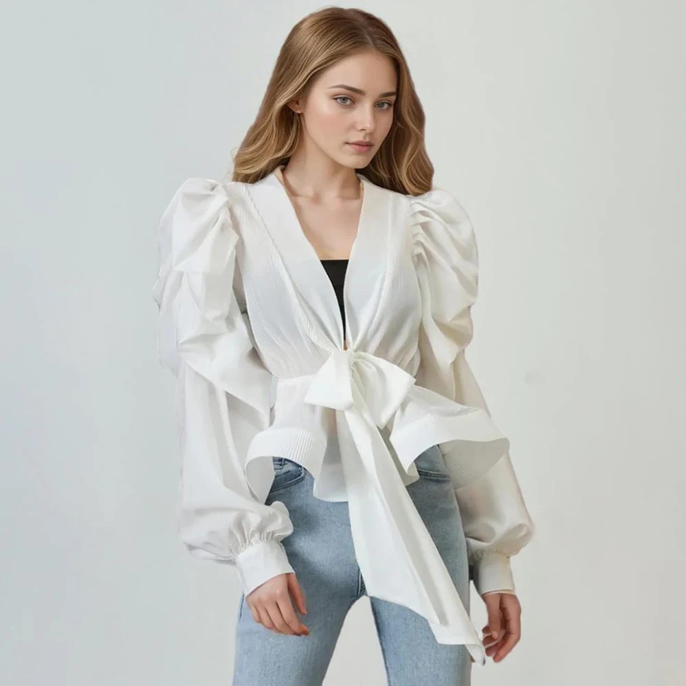 Lantern Sleeve Ruched Shirts For Women V Neck Patchwork Lace Up Slim Solid Blouses Female Fashion 2024 Clothing Autumn