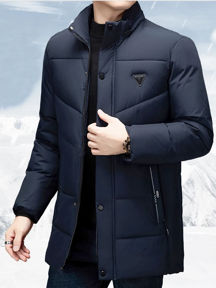 

New Men Winter Parkas Hooded Thick Warm Jackets Mid-Length Outerwear Fashion Casual Puffer Jacket Solid Blue Black Quilted Coat