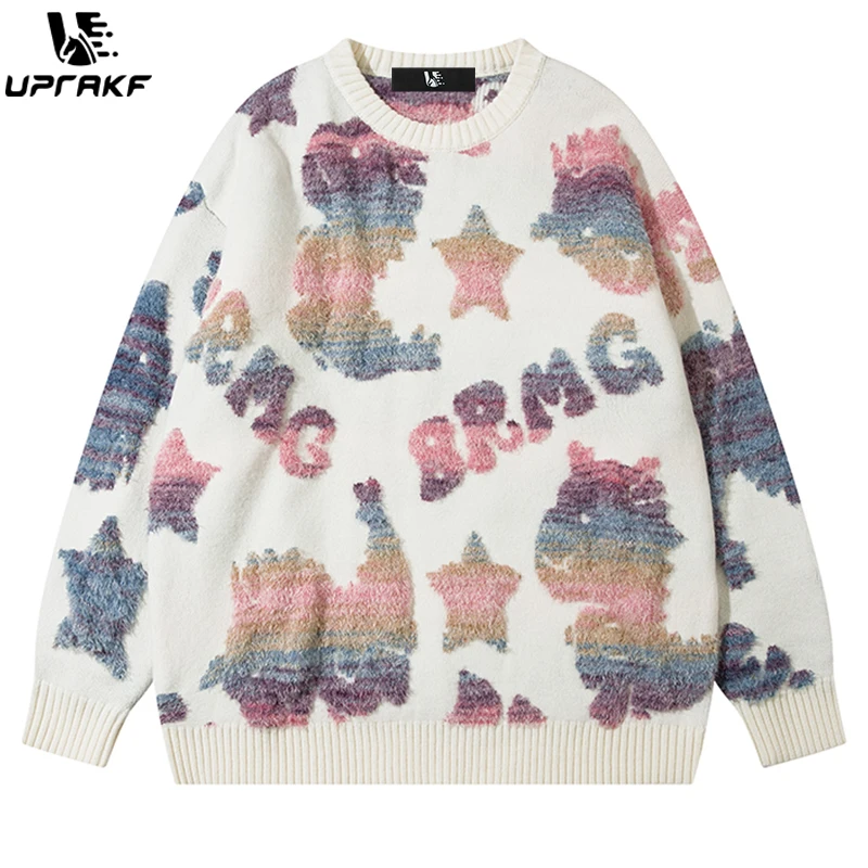 UPRAKF Cute Dinosaur Print Sweater Autumn Fashion Loose All-Match Pullover Winter Long Sleeve Tops