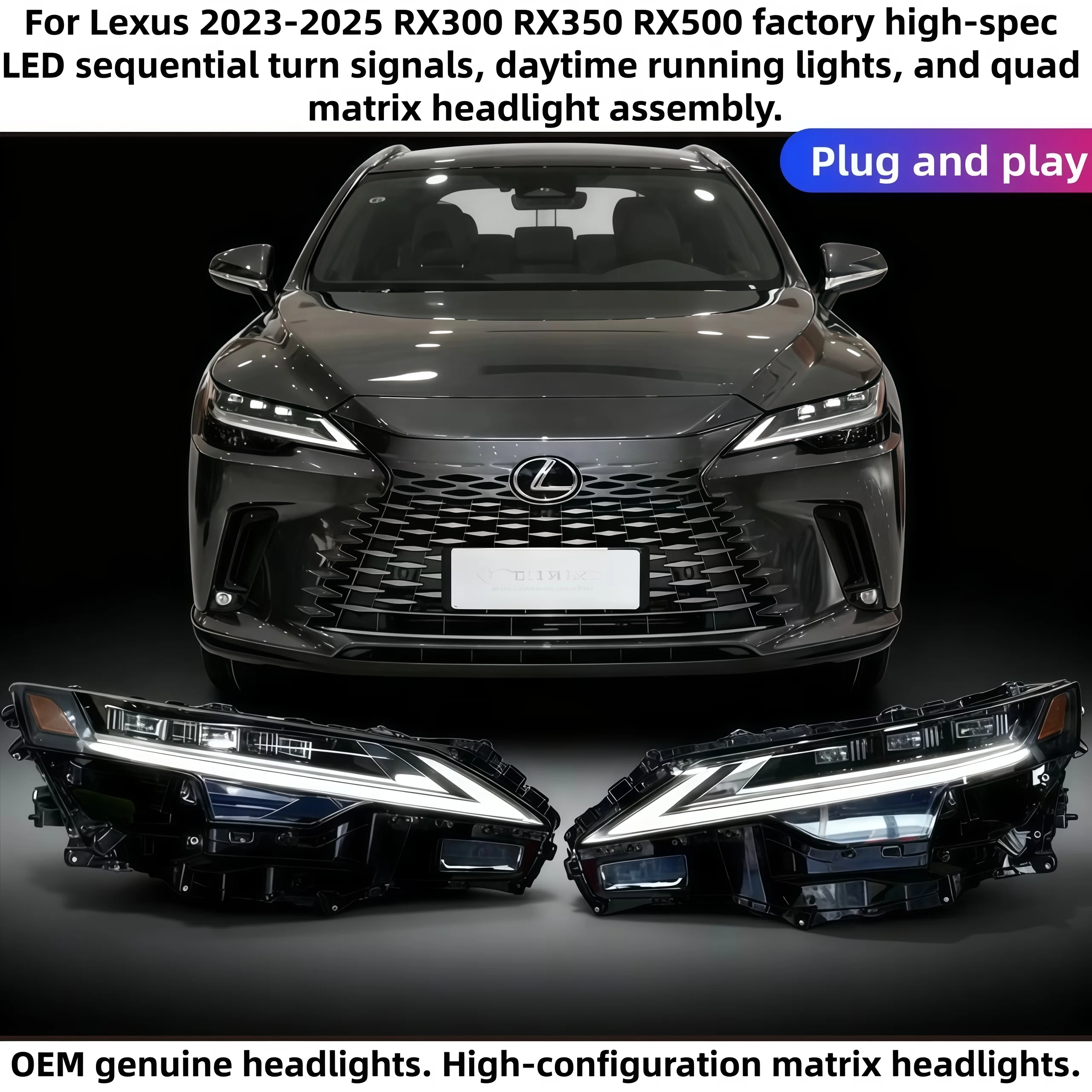 

Для Lexus 2023-2025 RX300 RX350 RX500 заводские светодиодные дневные ходовые огни с высокой настройкой и четырехматричной фарой в сборе
